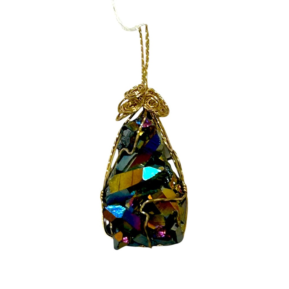 Gold wire wrapped Iridescent blue druzy necklace pendant